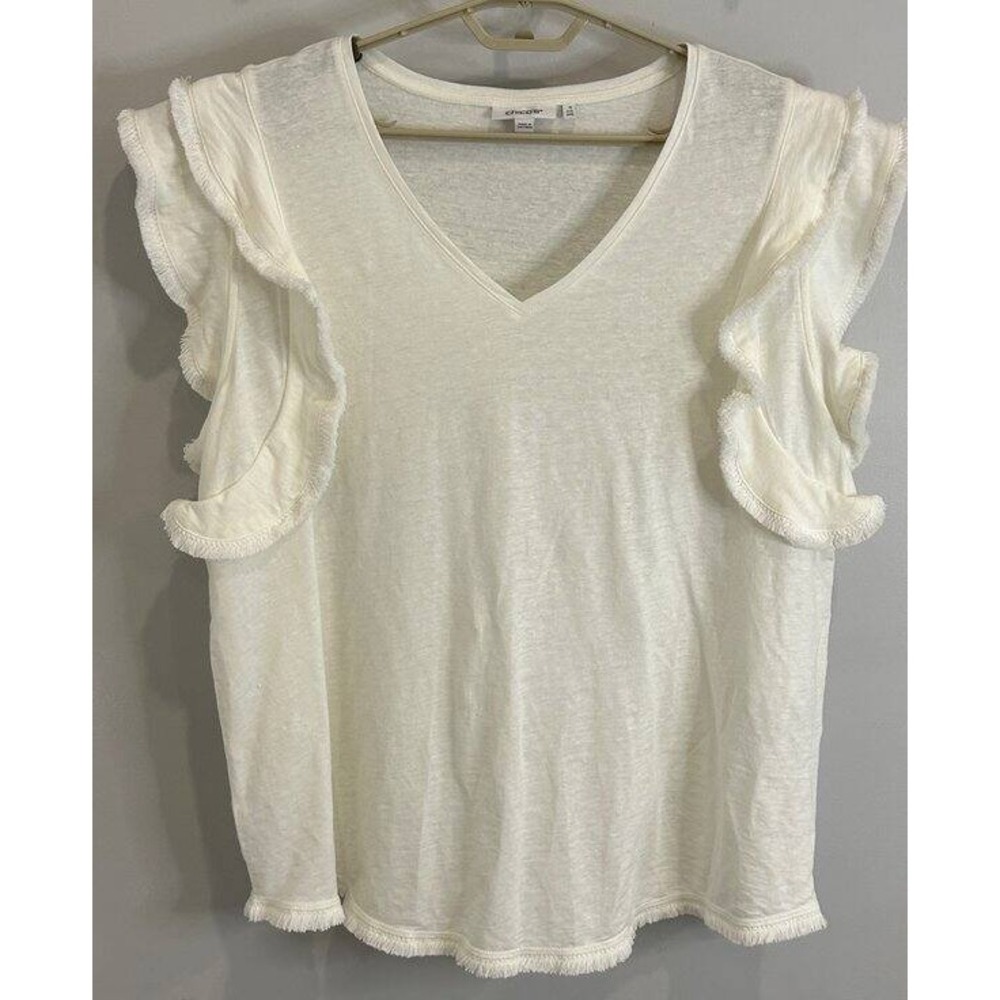 Chicos White Linen V Neck Ruffle Fringe Short Sleeve Shirt Size New 4 XXL 2X